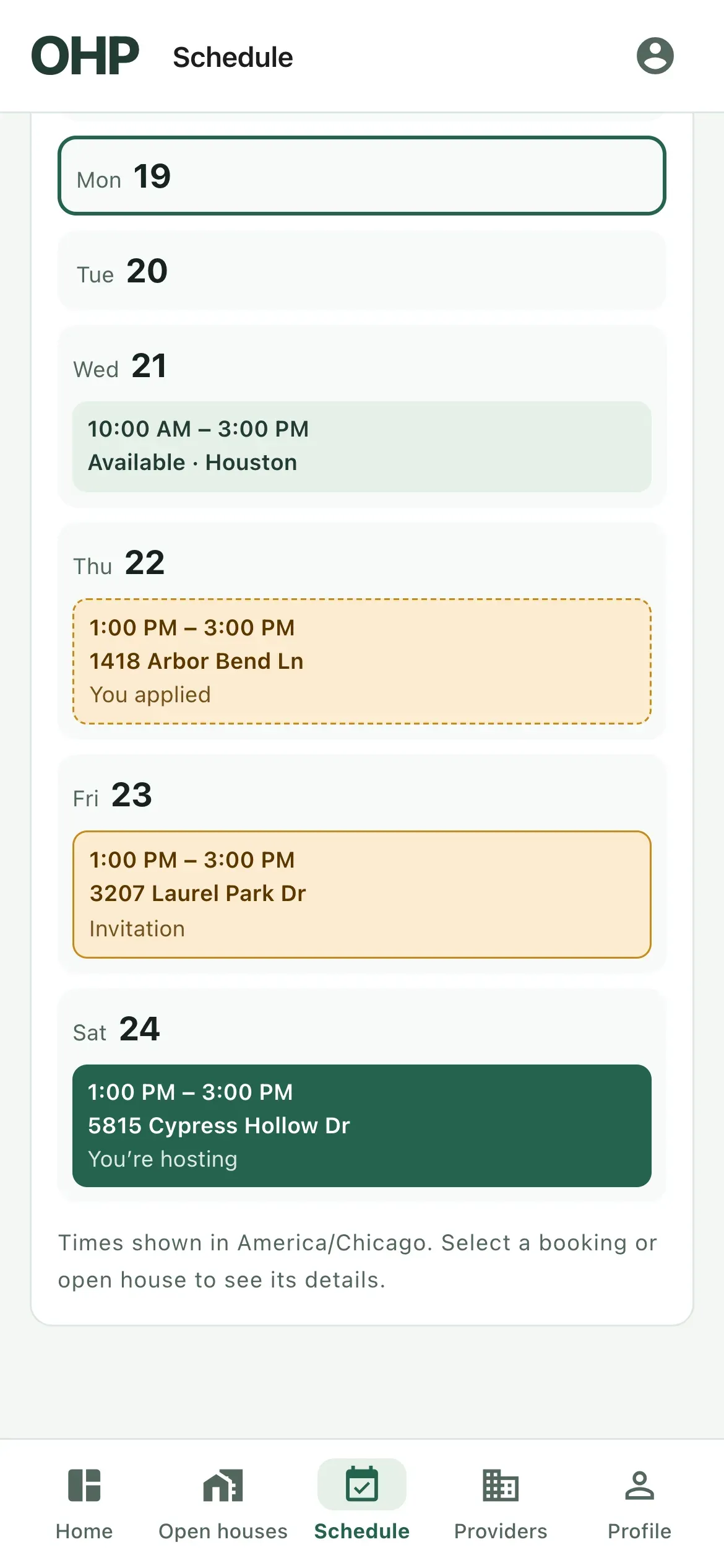 OHP Schedule on a phone: the week's calendar with availability, an application, an invitation and a confirmed booking.