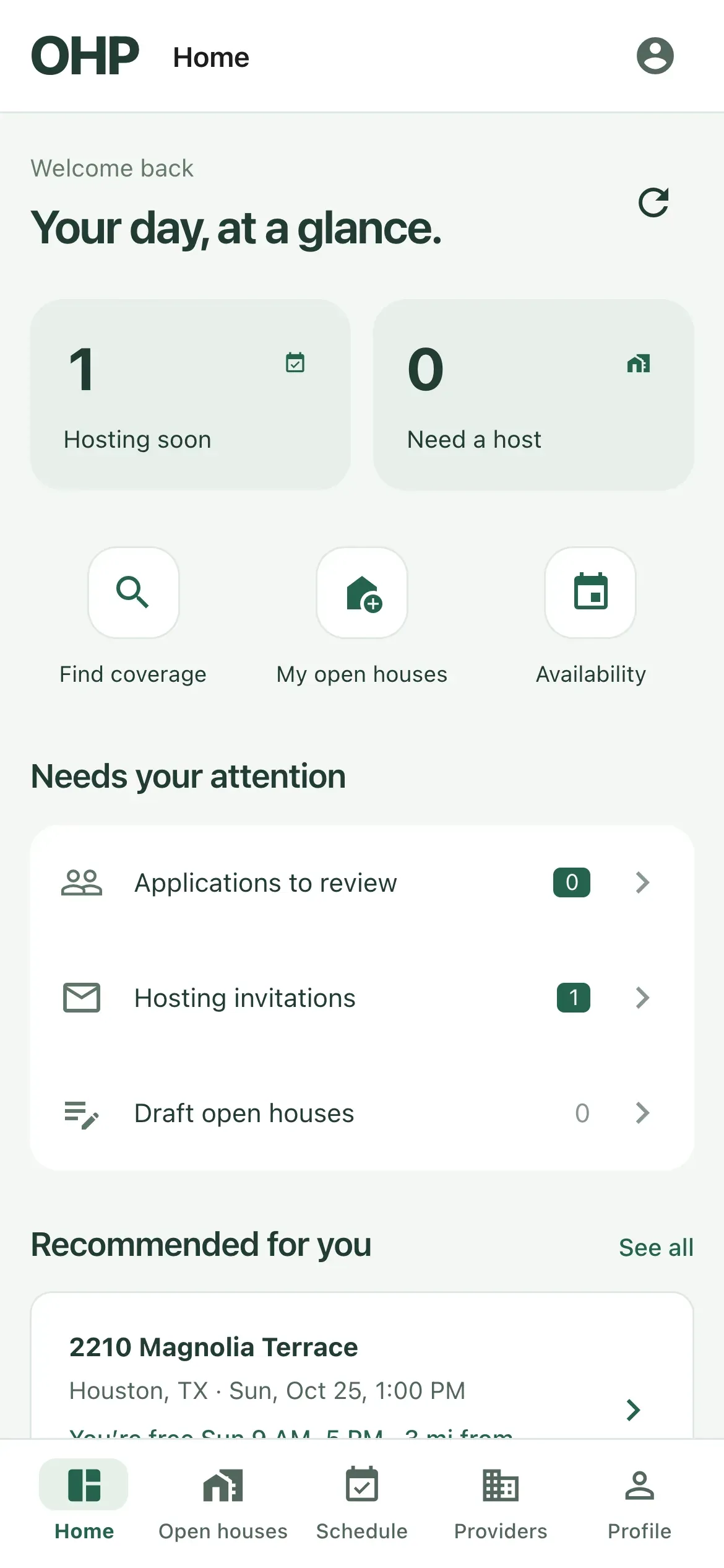 OHP Home screen for a Realtor: one open house hosting soon and one hosting invitation waiting.